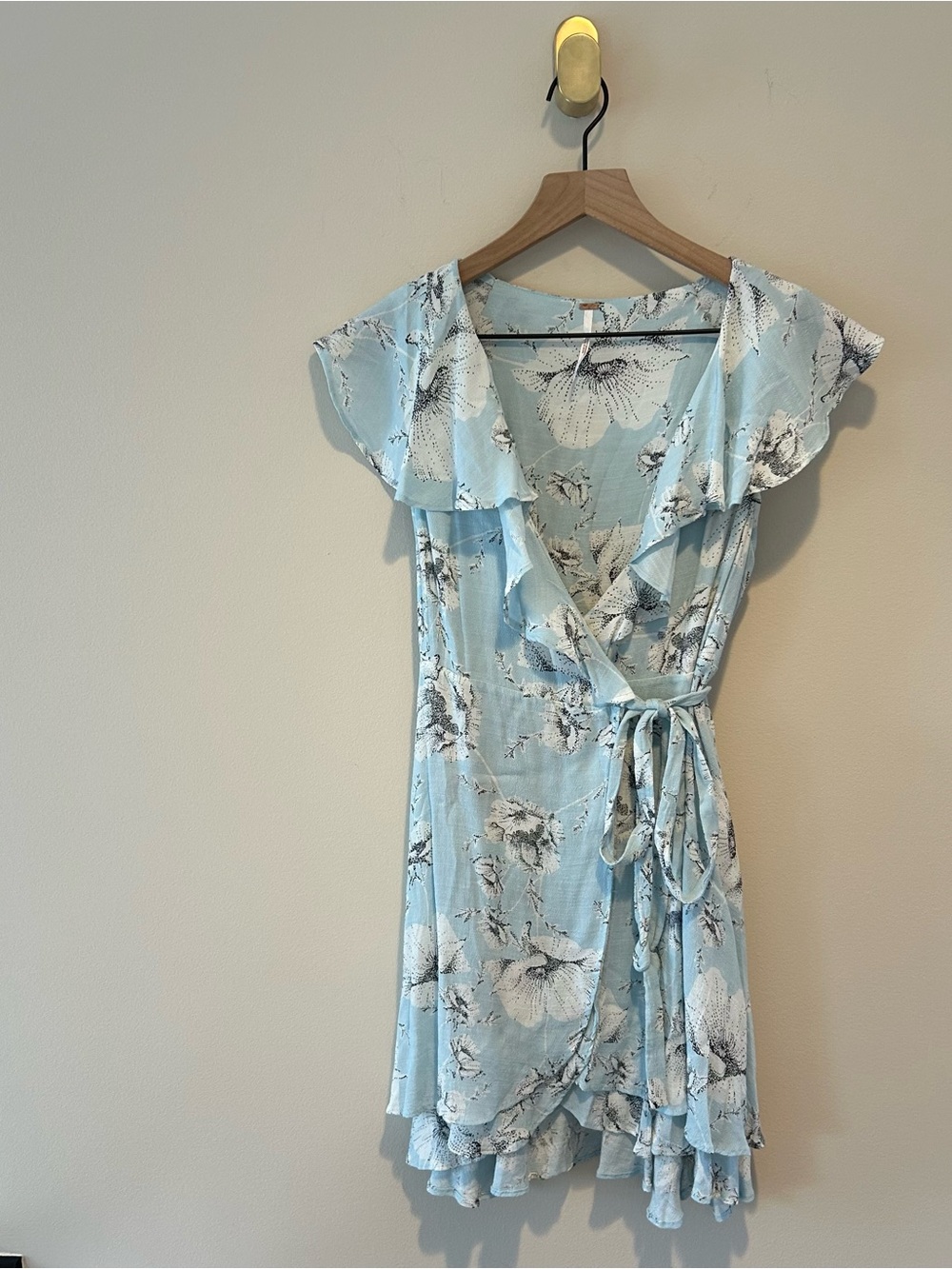 Free People Women’s “French Quarter” Light Blue Floral Ruffle Wrap Midi Dress
